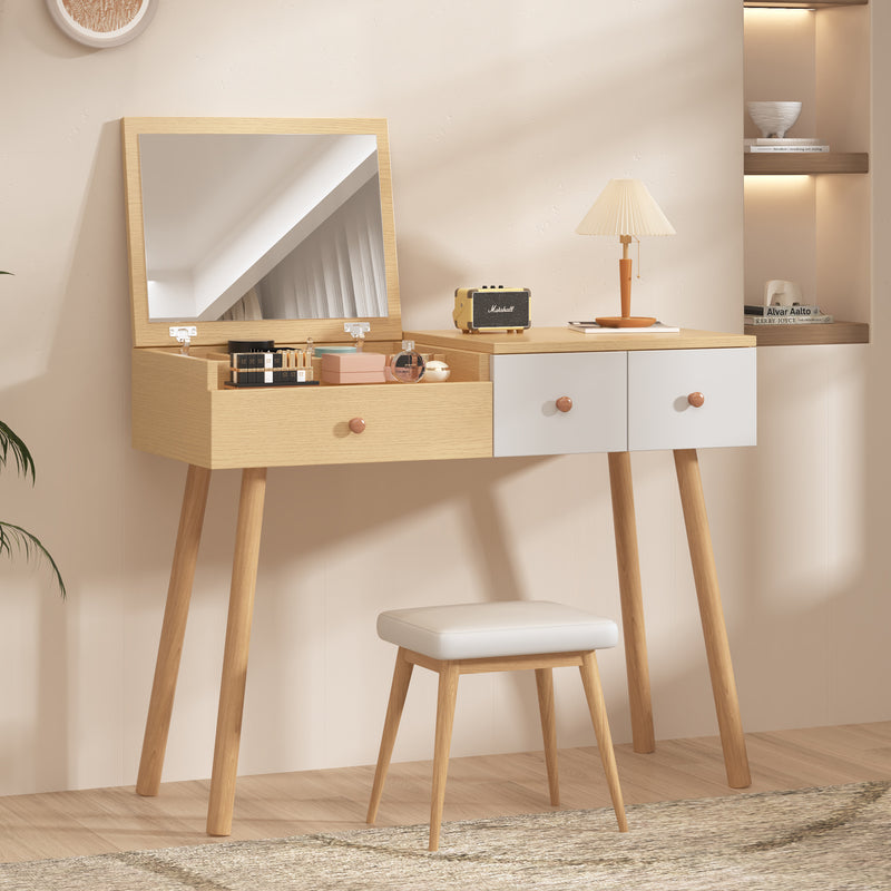 Coiffeuse effet bois et blanc table de maquillage avec miroir (sans tabouret) FAQAK