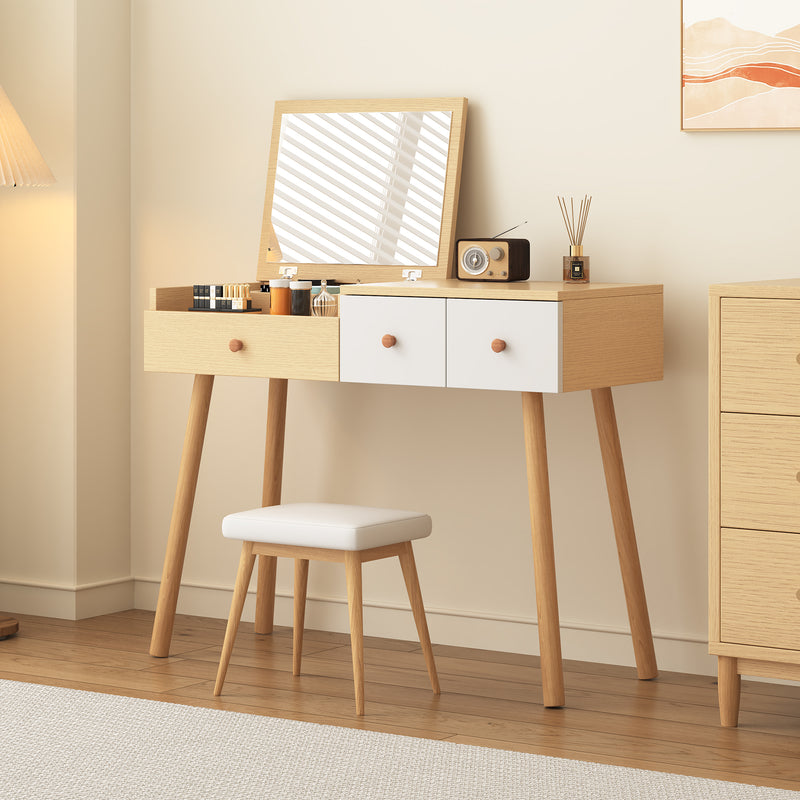 Coiffeuse effet bois et blanc table de maquillage avec miroir (sans tabouret) FAQAK