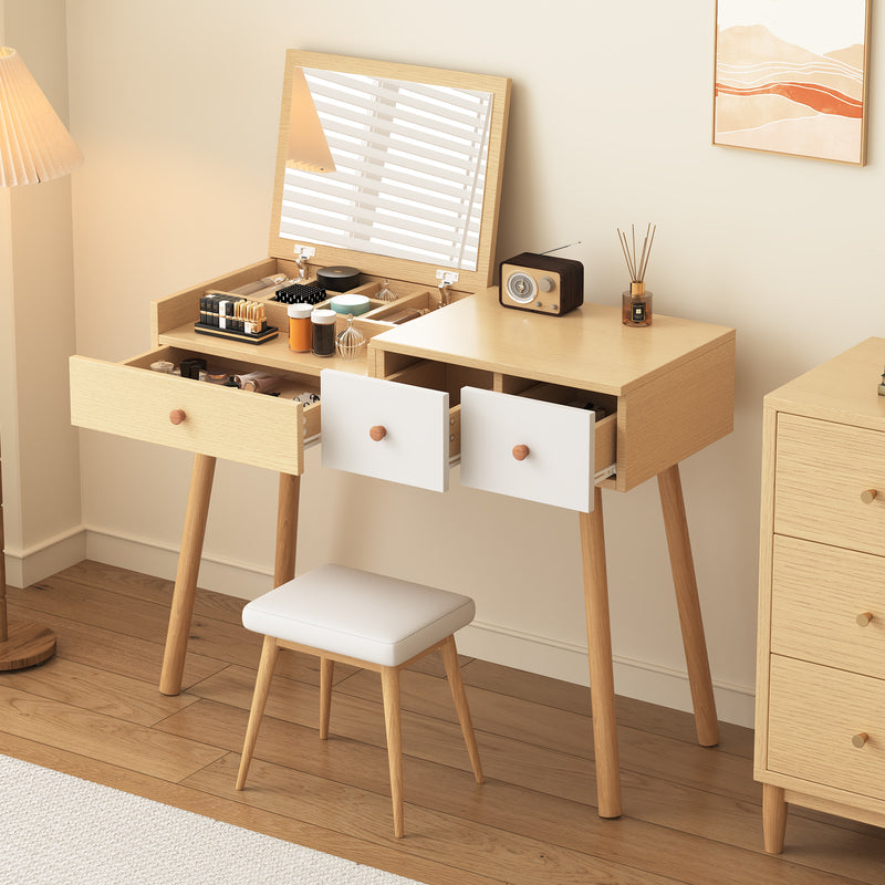 Coiffeuse effet bois et blanc table de maquillage avec miroir (sans tabouret) FAQAK