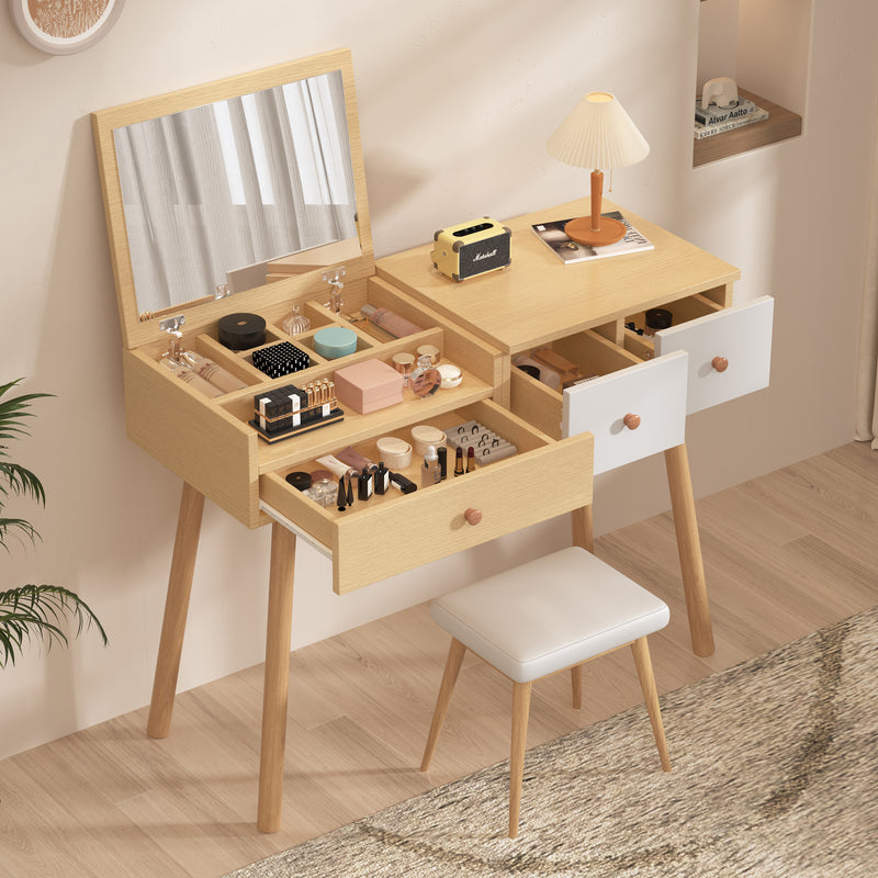 Coiffeuse effet bois et blanc table de maquillage avec miroir (sans tabouret) FAQAK