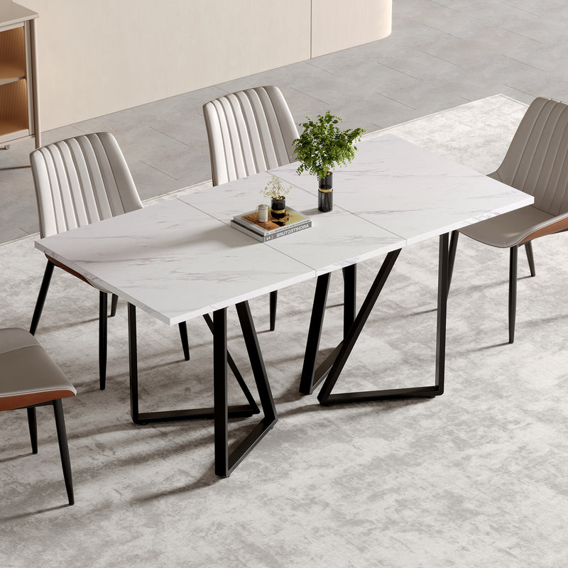Table à manger extensible moderne effet marbre blanc et pieds noirs FASTIENS BLACK