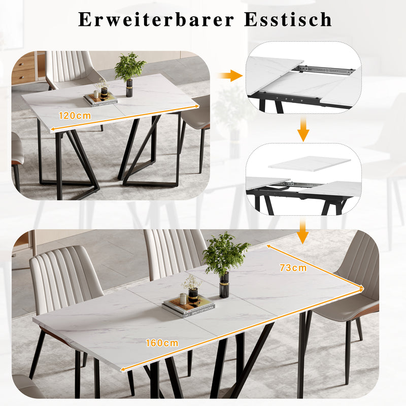 Table à manger extensible moderne effet marbre blanc et pieds noirs FASTIENS BLACK