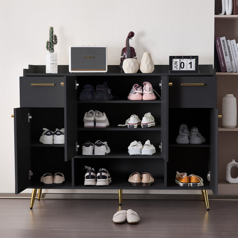Meuble à chaussures buffet gris anthracite 4 portes 2 tiroirs et pieds dorés FEATHER
