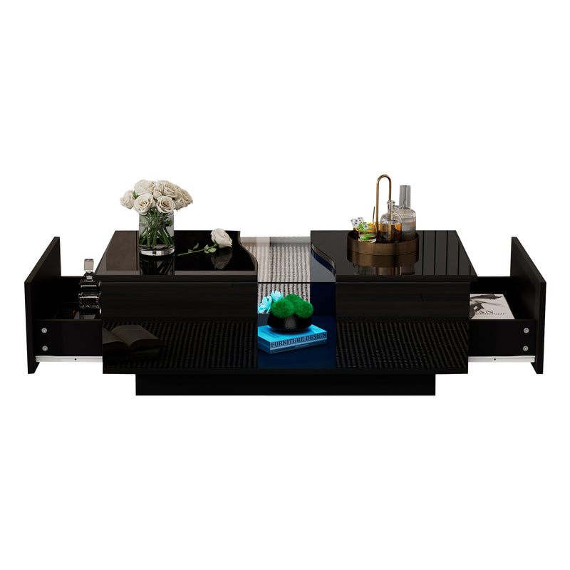 Table basse noire brillante verre trempé avec éclairage LED FEHNEN