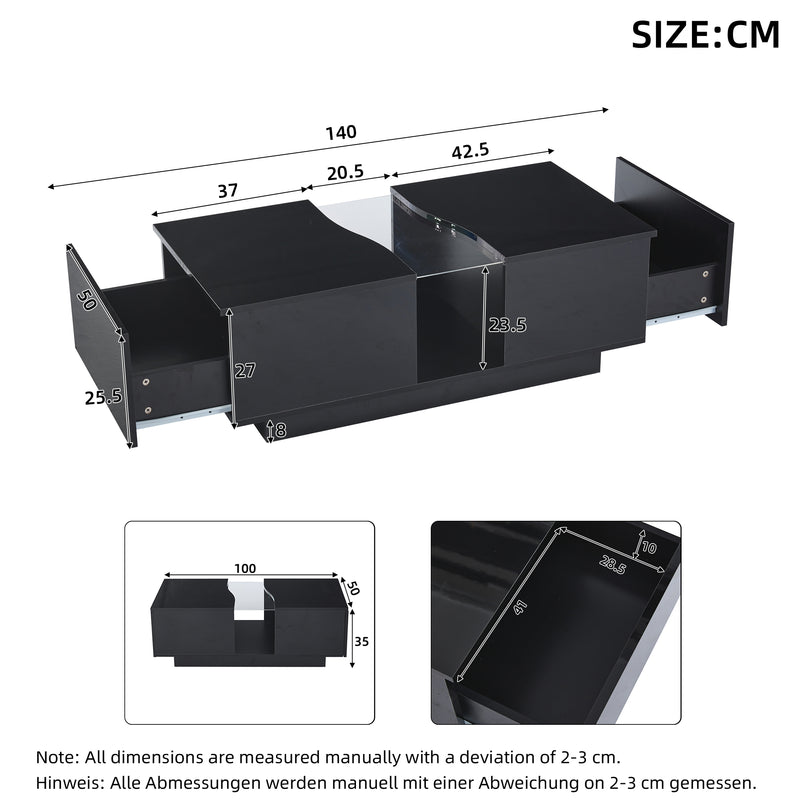 Table basse noire brillante verre trempé avec éclairage LED FEHNEN