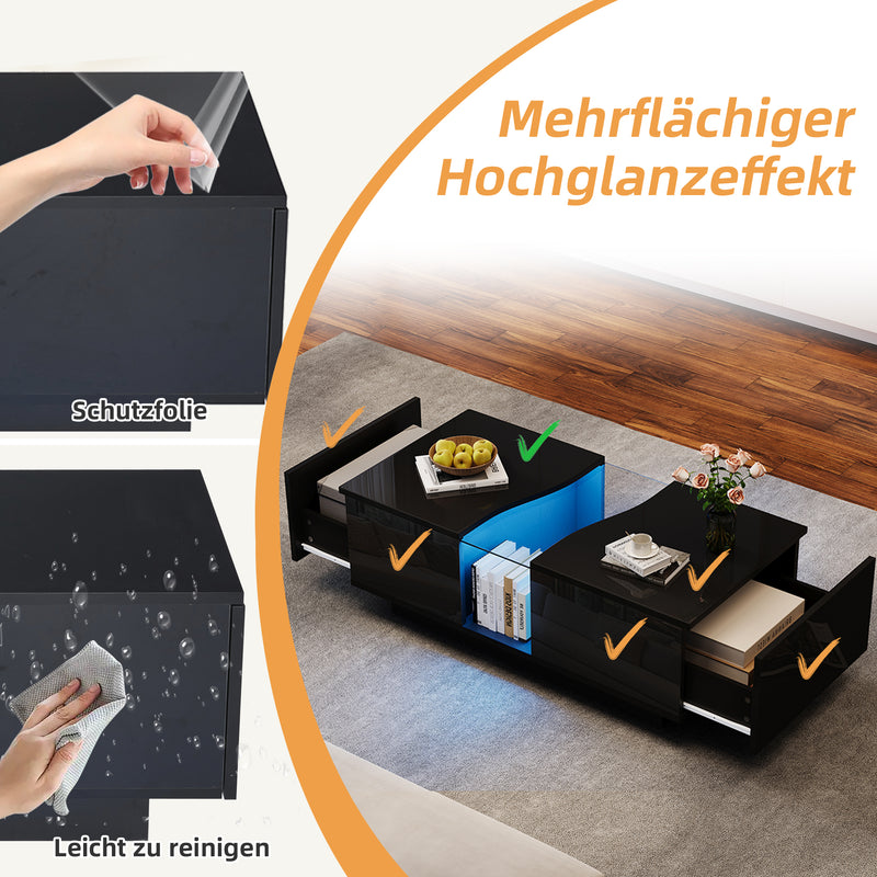 Table basse noire brillante verre trempé avec éclairage LED FEHNEN