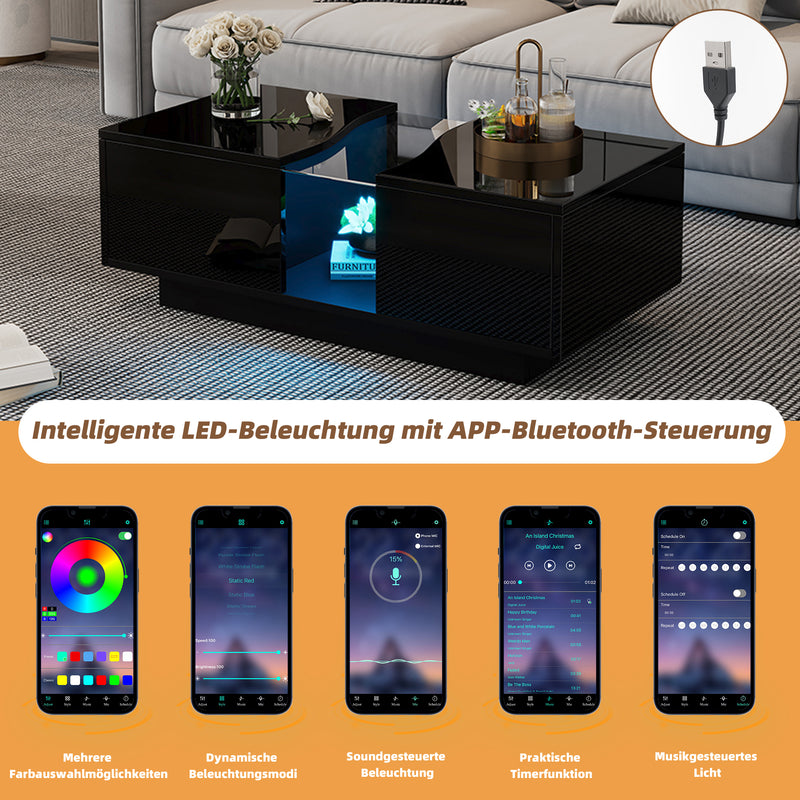 Table basse noire brillante verre trempé avec éclairage LED FEHNEN