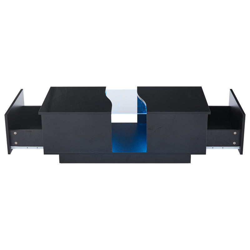 Table basse noire brillante verre trempé avec éclairage LED FEHNEN