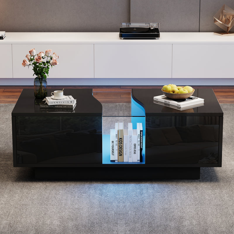 Table basse noire brillante verre trempé avec éclairage LED FEHNEN