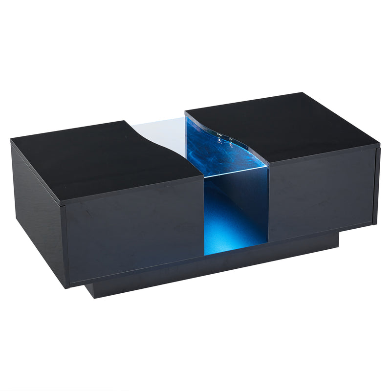 Table basse noire brillante verre trempé avec éclairage LED FEHNEN