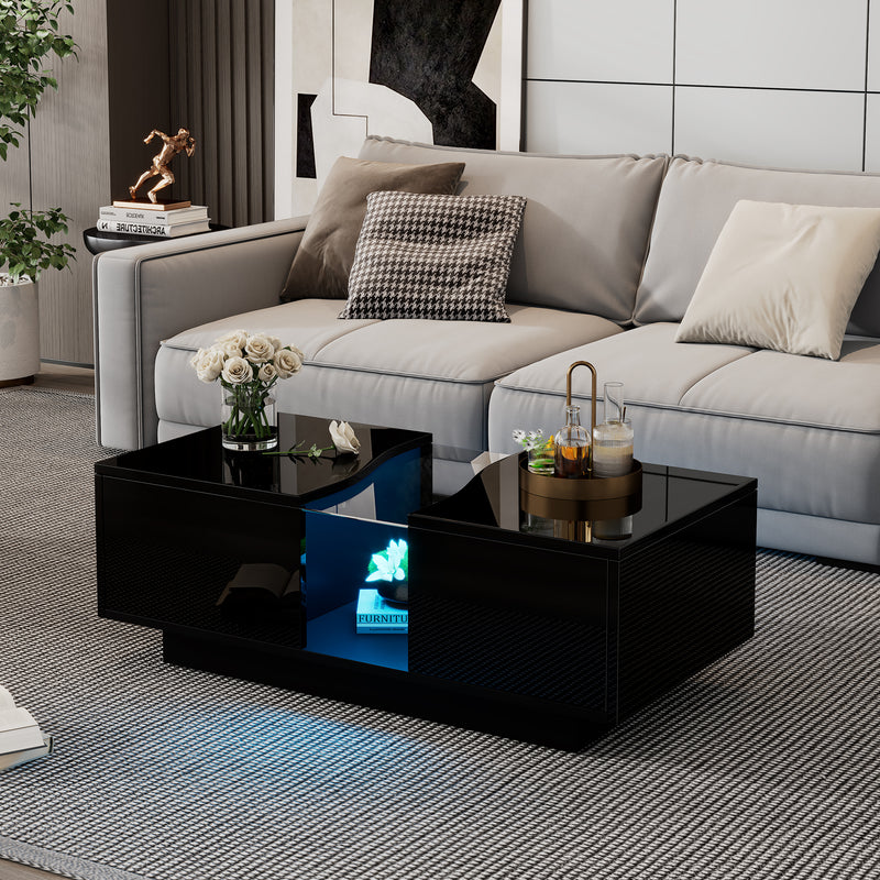 Table basse noire brillante verre trempé avec éclairage LED FEHNEN