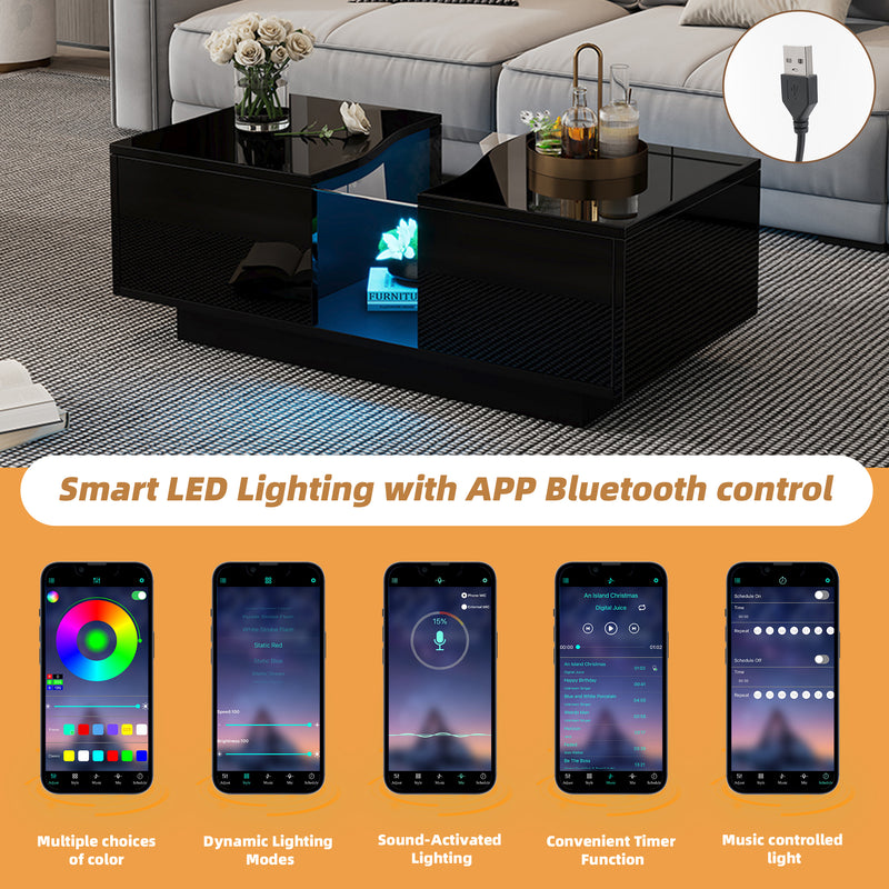 Table basse noire brillante verre trempé avec éclairage LED FEHNEN
