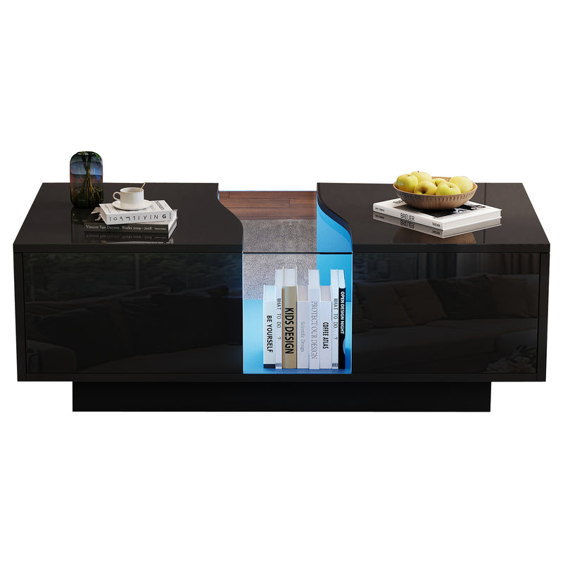 Table basse noire brillante verre trempé avec éclairage LED FEHNEN