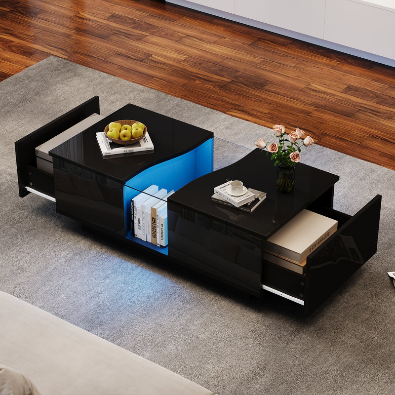 Table basse noire brillante verre trempé avec éclairage LED FEHNEN