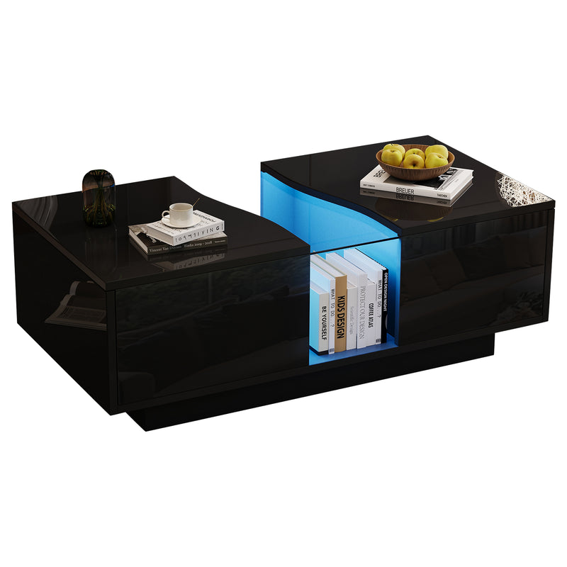 Table basse noire brillante verre trempé avec éclairage LED FEHNEN