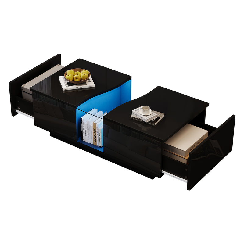 Table basse noire brillante verre trempé avec éclairage LED FEHNEN