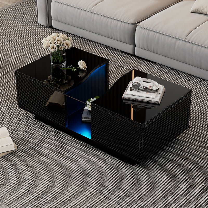 Table basse noire brillante verre trempé avec éclairage LED FEHNEN