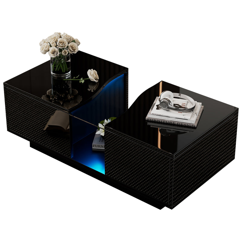Table basse noire brillante verre trempé avec éclairage LED FEHNEN