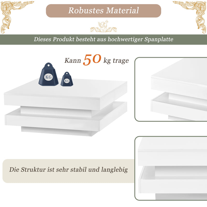 Table basse carrée blanche haute brillance pivotant à 360° et éclairage LED 16 couleurs FEN