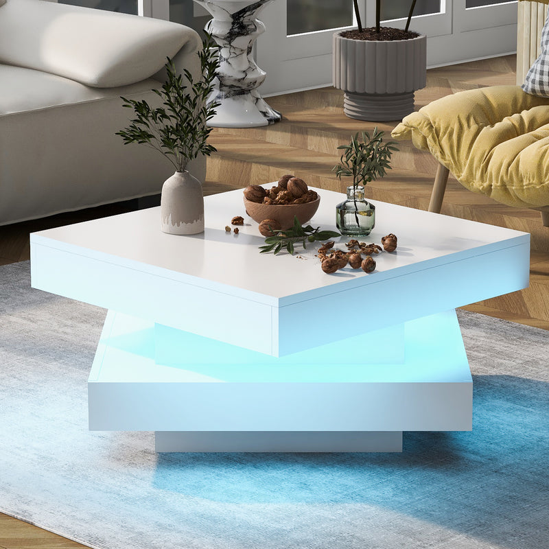 Table basse carrée blanche haute brillance pivotant à 360° et éclairage LED 16 couleurs FEN