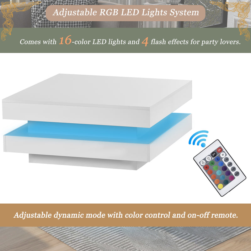Table basse carrée blanche haute brillance pivotant à 360° et éclairage LED 16 couleurs FEN