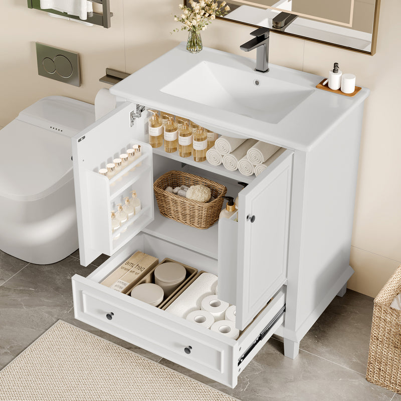 Meuble vasque blanc laqué sur pied, vasque en céramique, tiroir silencieux et rangement (robinet non inclus) FIBER