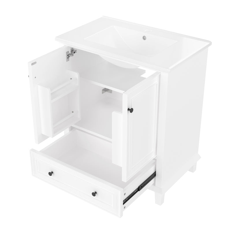 Meuble vasque blanc laqué sur pied, vasque en céramique, tiroir silencieux et rangement (robinet non inclus) FIBER