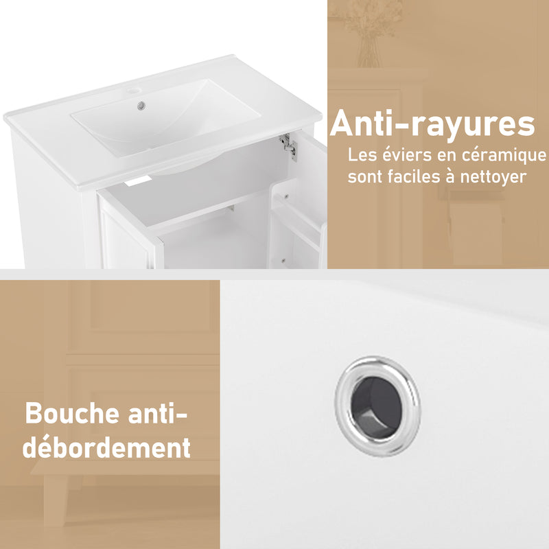 Meuble vasque blanc laqué sur pied, vasque en céramique, tiroir silencieux et rangement (robinet non inclus) FIBER