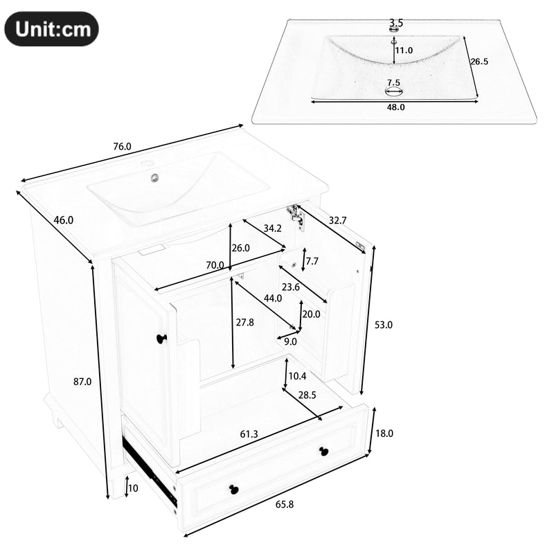 Meuble vasque blanc laqué sur pied, vasque en céramique, tiroir silencieux et rangement (robinet non inclus) FIBER