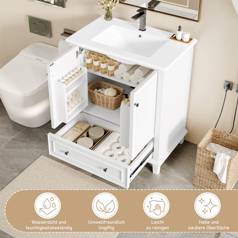 Meuble vasque blanc laqué sur pied, vasque en céramique, tiroir silencieux et rangement (robinet non inclus) FIBER