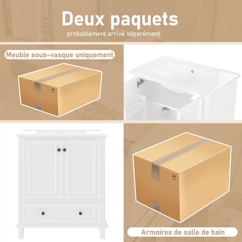 Meuble vasque blanc laqué sur pied, vasque en céramique, tiroir silencieux et rangement (robinet non inclus) FIBER