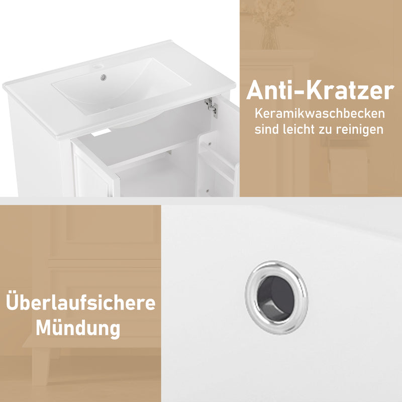 Meuble vasque blanc laqué sur pied, vasque en céramique, tiroir silencieux et rangement (robinet non inclus) FIBER