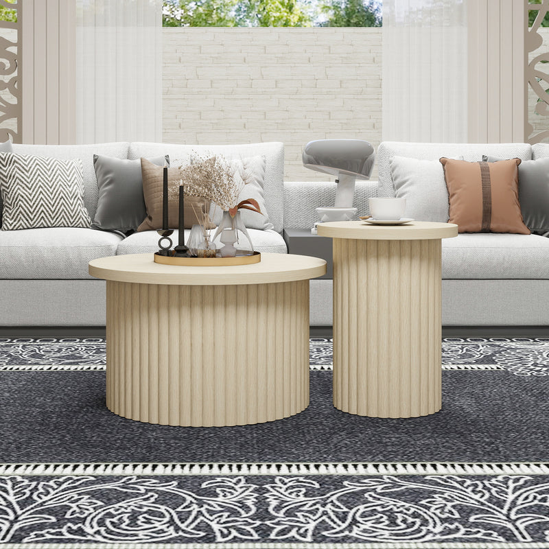 Ensemble de 2 tables basses gigognes rondes effet grain de bois clair FIBROIN