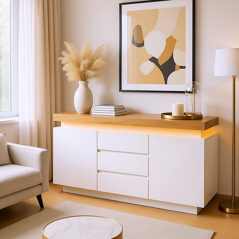 Buffet moderne blanc brillant avec éclairage LED réglable, 2 portes et 3 tiroirs COENOSTEUM