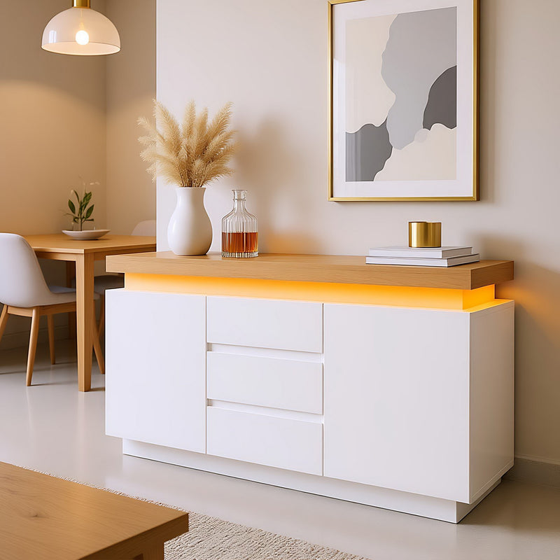 Buffet moderne blanc brillant avec éclairage LED réglable, 2 portes et 3 tiroirs COENOSTEUM