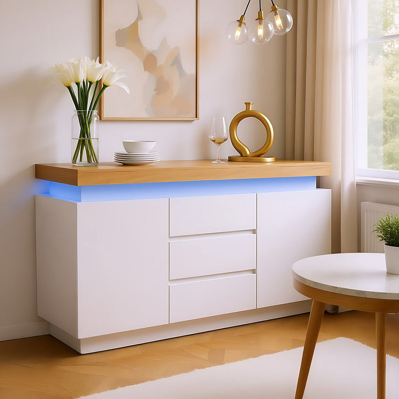 Buffet moderne blanc brillant avec éclairage LED réglable, 2 portes et 3 tiroirs COENOSTEUM