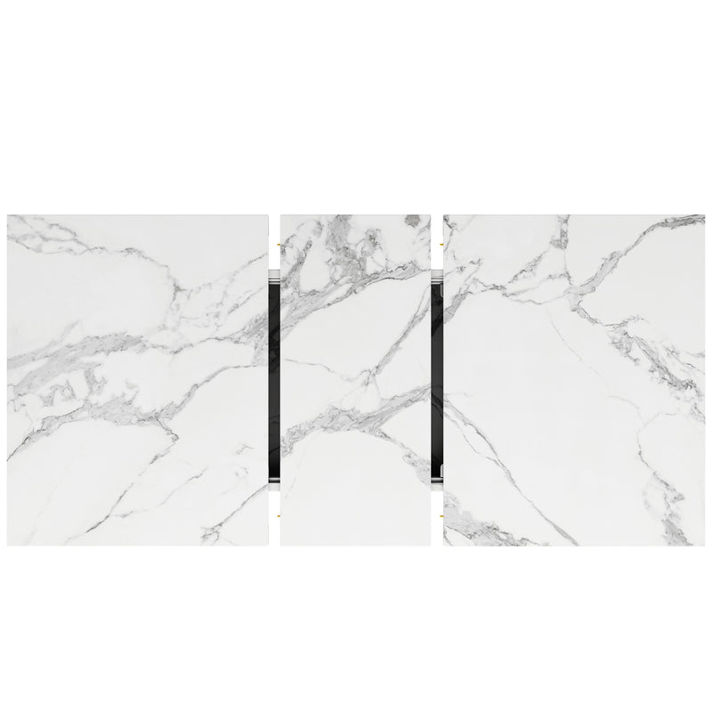 Table à manger extensible imitation marbre blanc 120-160cm et pieds noir en forme d&