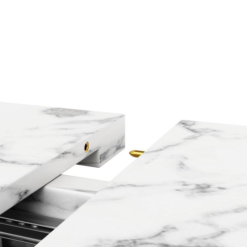 Table à manger extensible imitation marbre blanc 120-160cm et pieds noir en forme d&