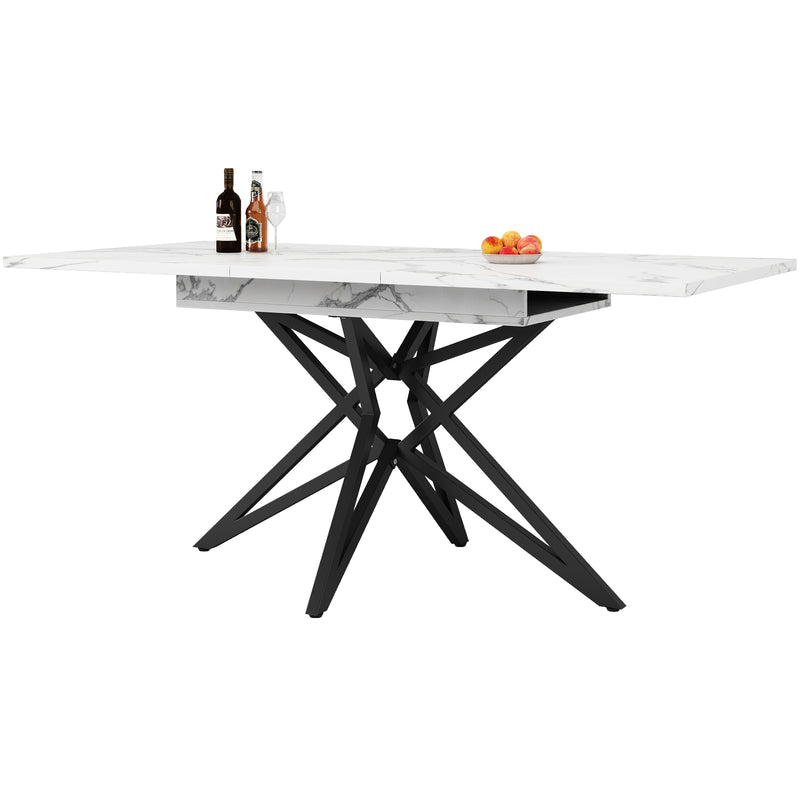 Table à manger extensible imitation marbre blanc 120-160cm et pieds noir en forme d&