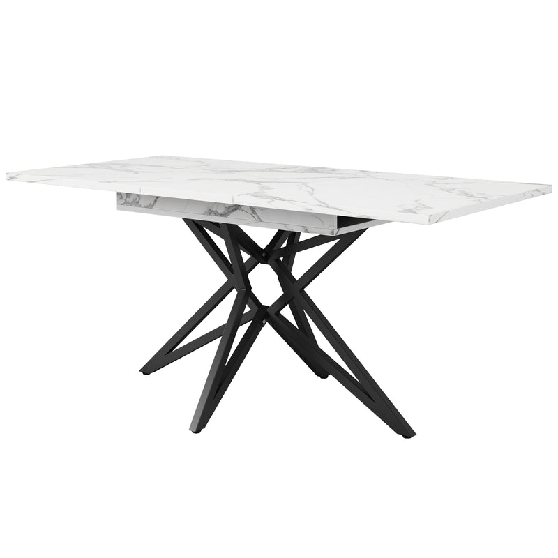 Table à manger extensible imitation marbre blanc 120-160cm et pieds noir en forme d&