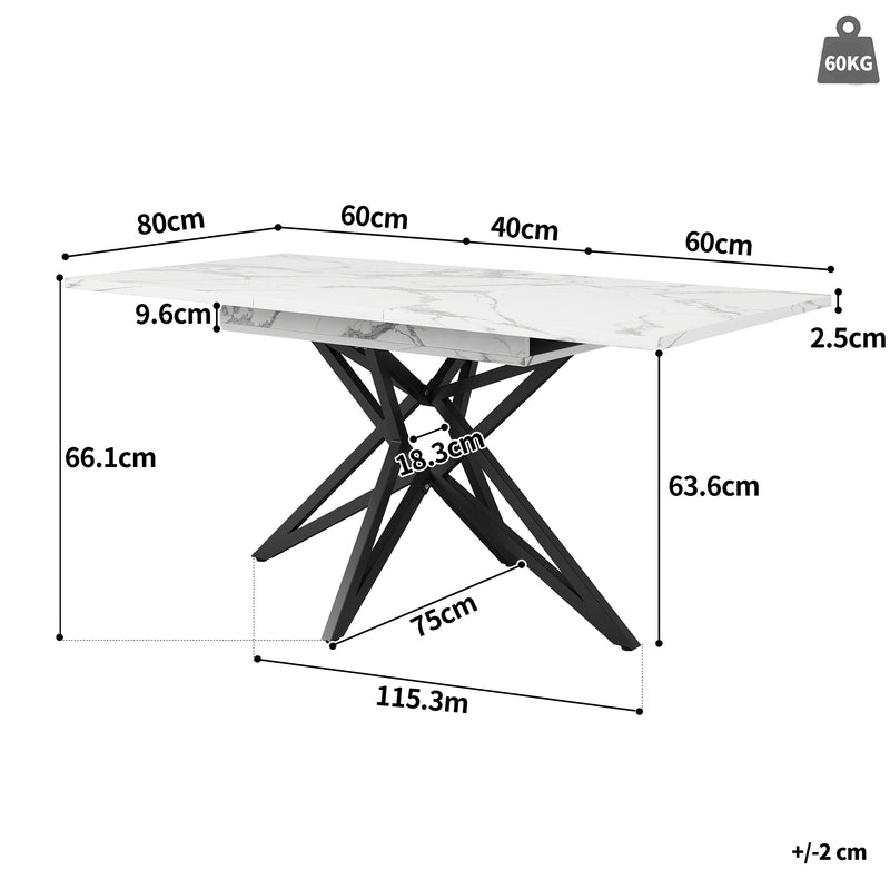Table à manger extensible imitation marbre blanc 120-160cm et pieds noir en forme d&