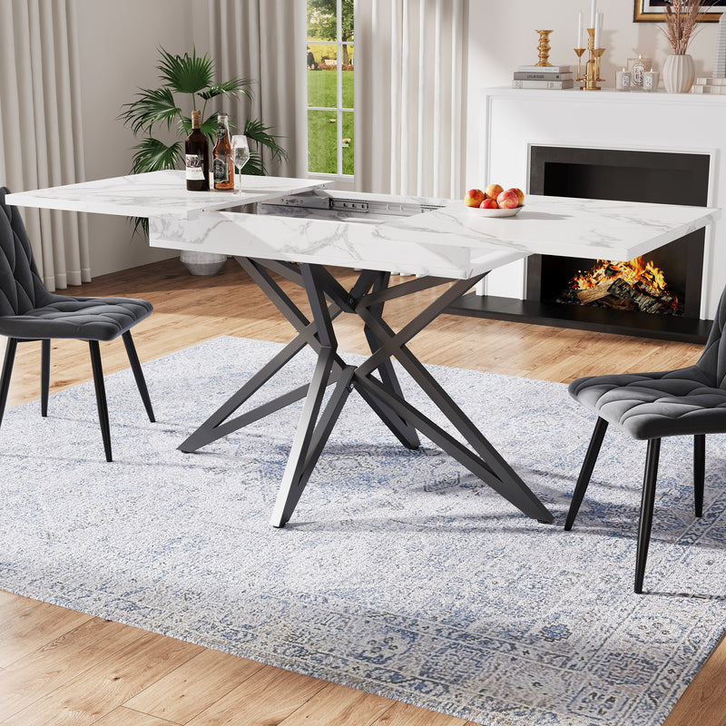 Table à manger extensible imitation marbre blanc 120-160cm et pieds noir en forme d&