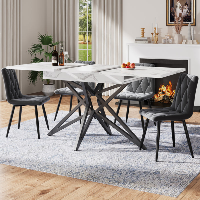 Table à manger extensible imitation marbre blanc 120-160cm et pieds noir en forme d&