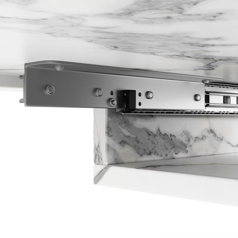 Table à manger extensible imitation marbre blanc 120-160cm et pieds noir en forme d&