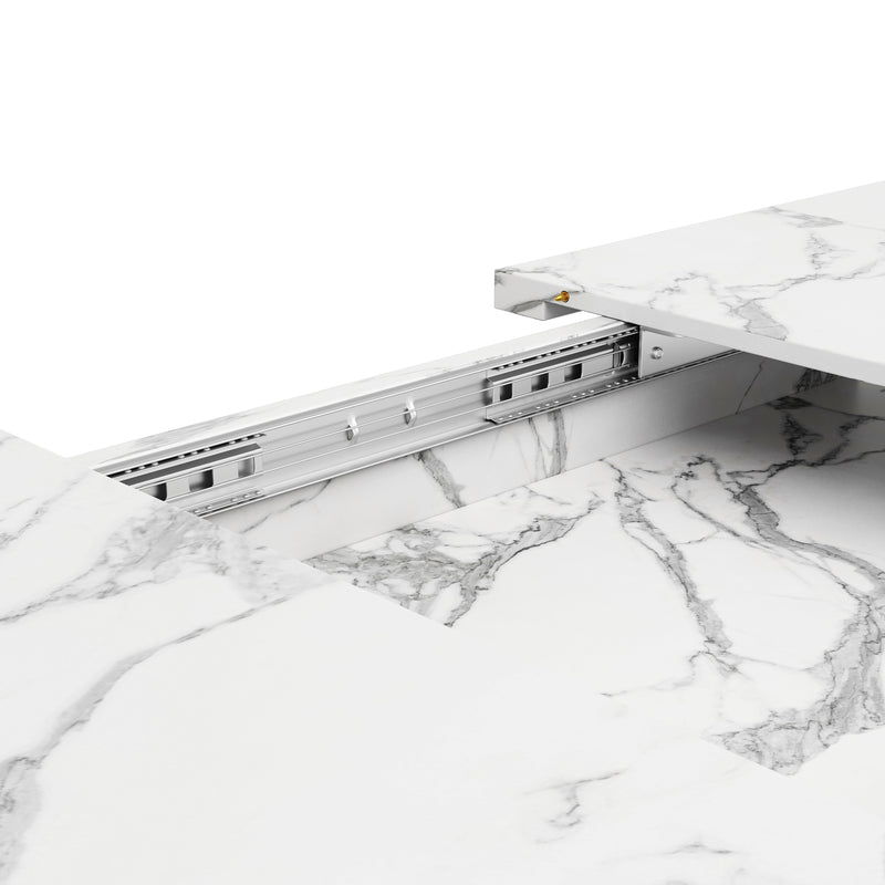 Table à manger extensible imitation marbre blanc 120-160cm et pieds noir en forme d&