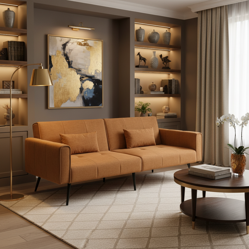 Canapé-lit 3 places velours côtelé jaune moutarde avec pieds en métal FLOWER