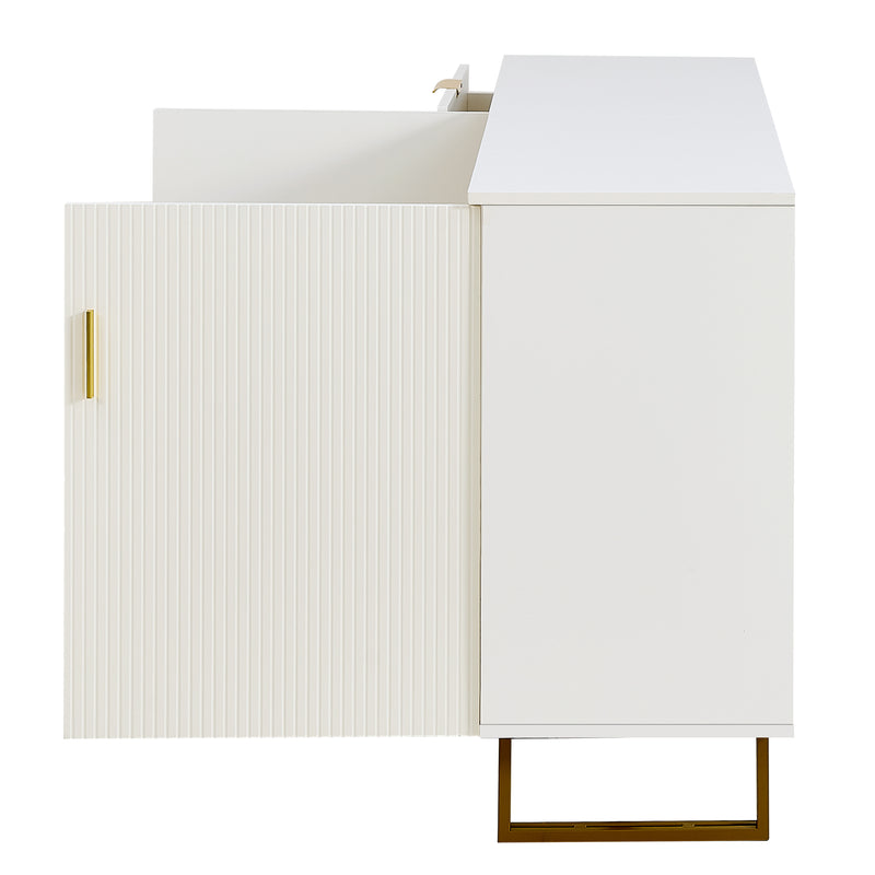 Buffet blanc laqué avec rainures verticales, tiroirs et accents dorés - design moderne FULLERENE