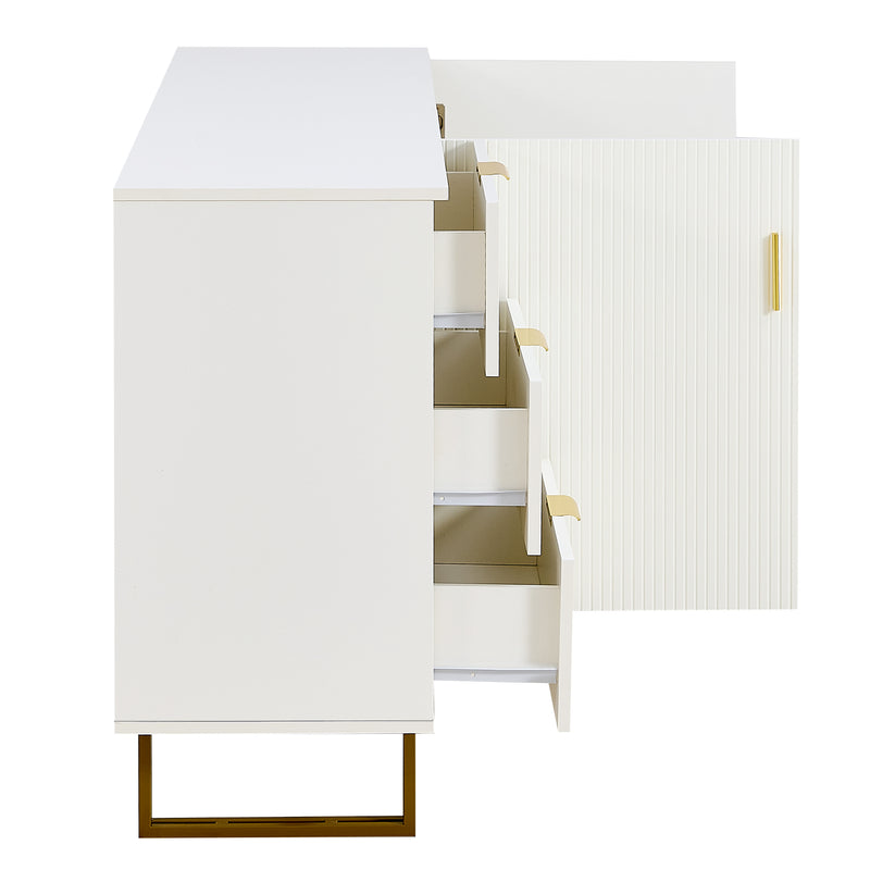 Buffet blanc laqué avec rainures verticales, tiroirs et accents dorés - design moderne FULLERENE