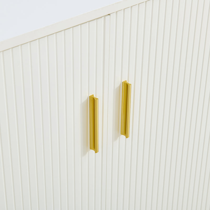 Buffet blanc laqué avec rainures verticales, tiroirs et accents dorés - design moderne FULLERENE