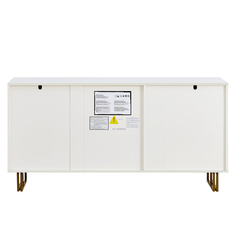 Buffet blanc laqué avec rainures verticales, tiroirs et accents dorés - design moderne FULLERENE